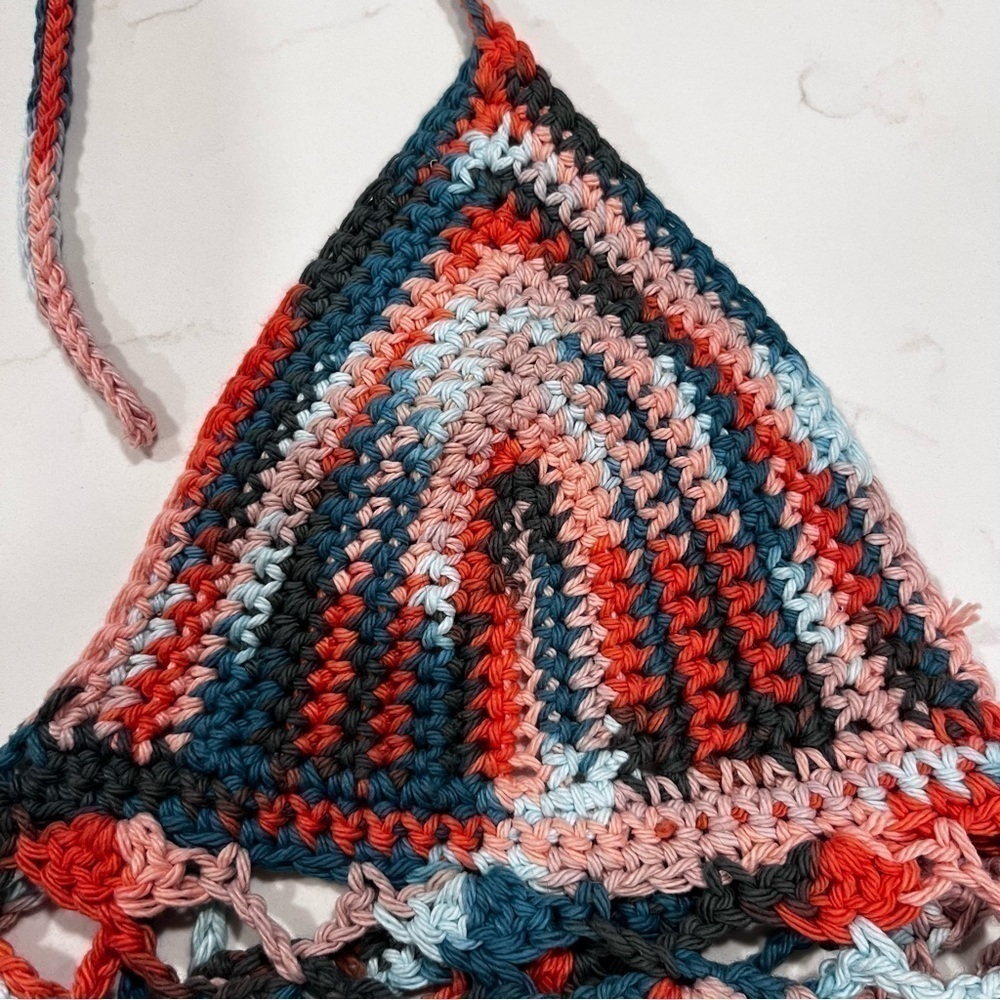 Boho Multi Colored Crochet Halter Top Lace Up Open Back - Picture 6 of 8